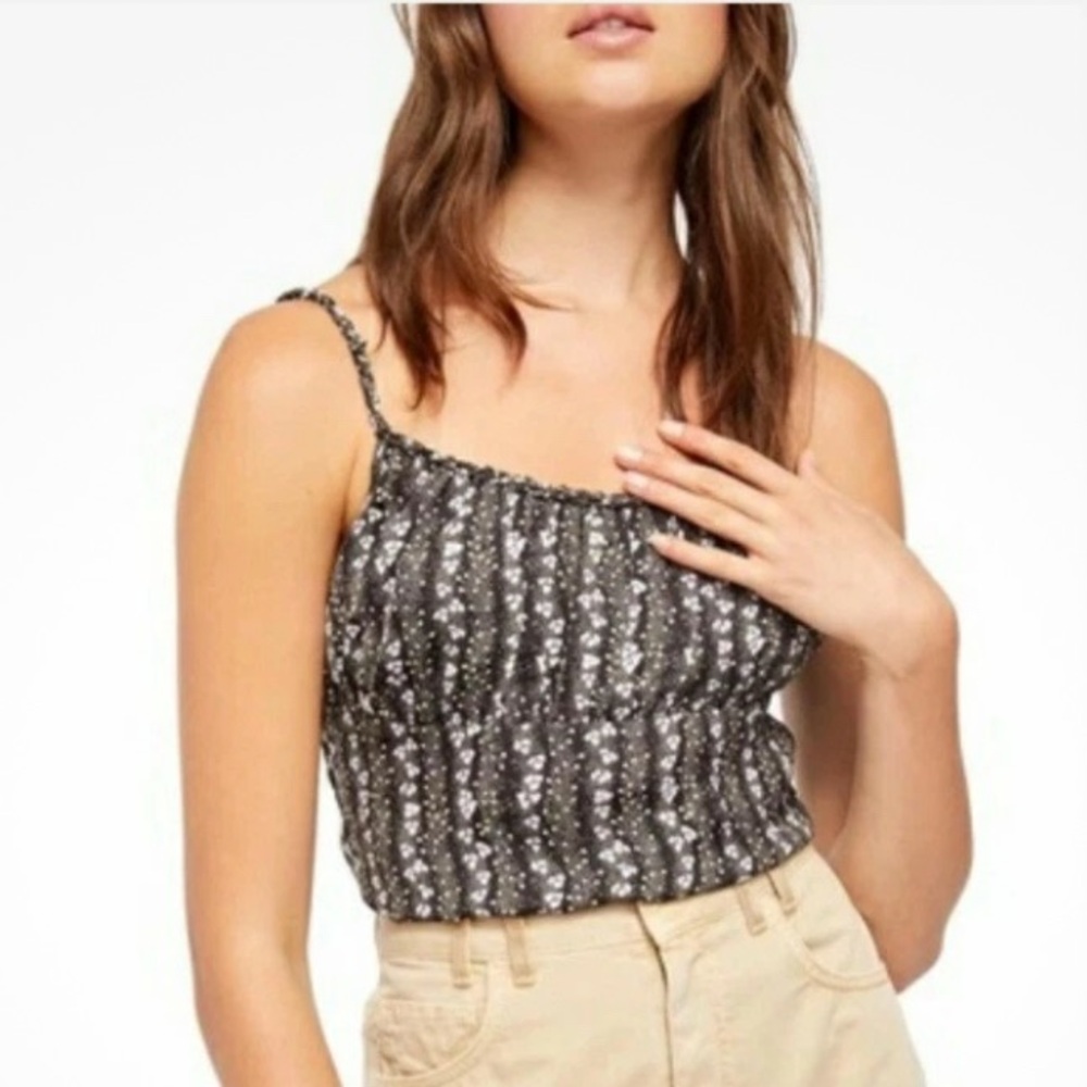 Free People Donna Black Satin Floral Spaghetti‎ Strap Tank Top Small Y2K